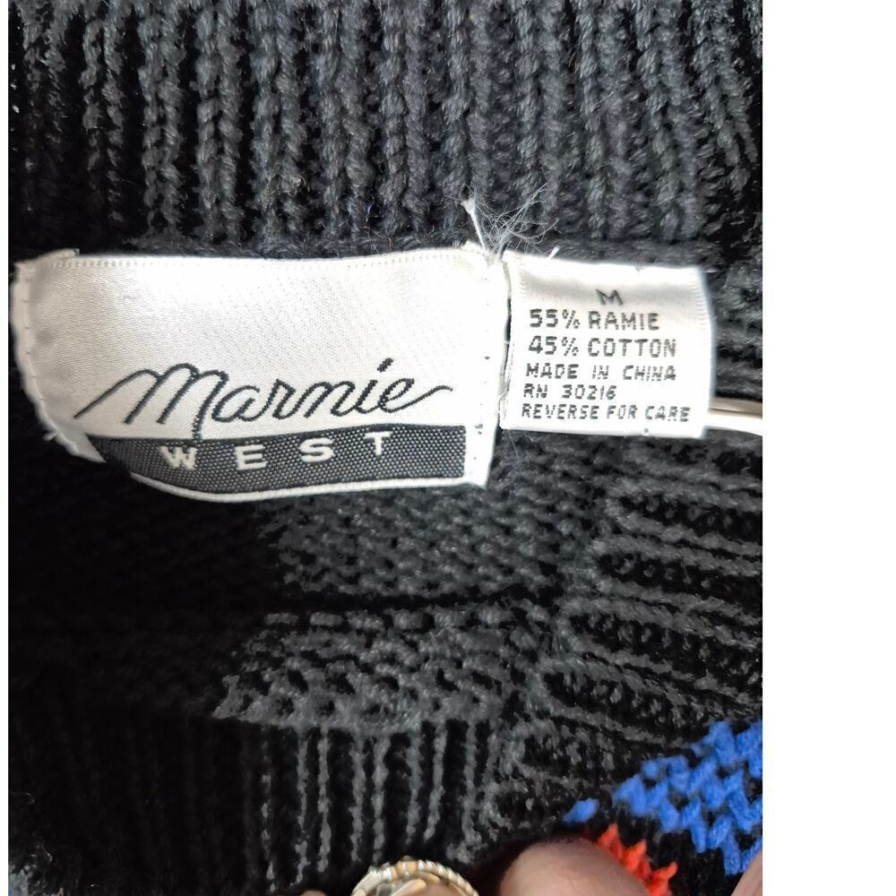 90s Y2K Marnie West Ramie/Cotton Black Sweater Colorful Intarsia Hearts Women M - Picture 4 of 4